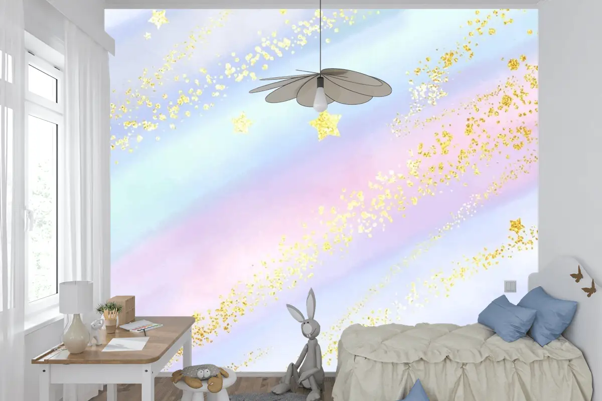 Işıltılı Altın Yıldızlar Ve Konfeti Ile Pastel Suluboya Arka Plan Çocuk Odası Duvar Kağıdı