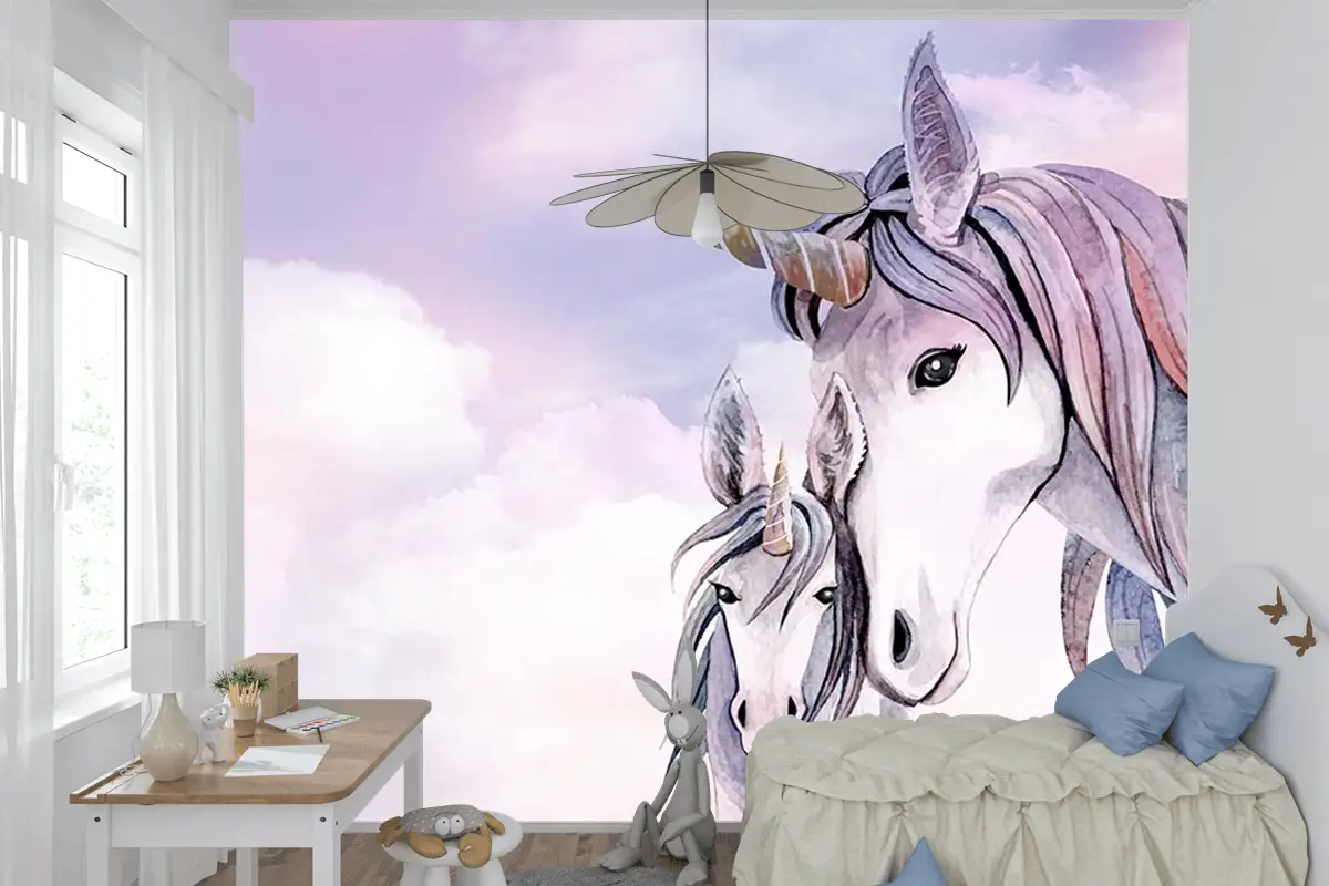 Pembe Bulutlar Üzerinde Unicorn Çocuk Odası Duvar Kağıdı