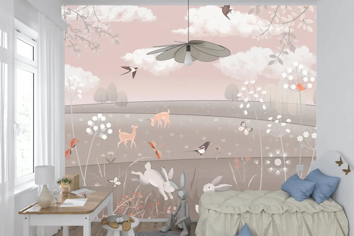 Pembe Manzara Geyik Tavşan Kuşlar Çocuk Odası Duvar Kağıdı