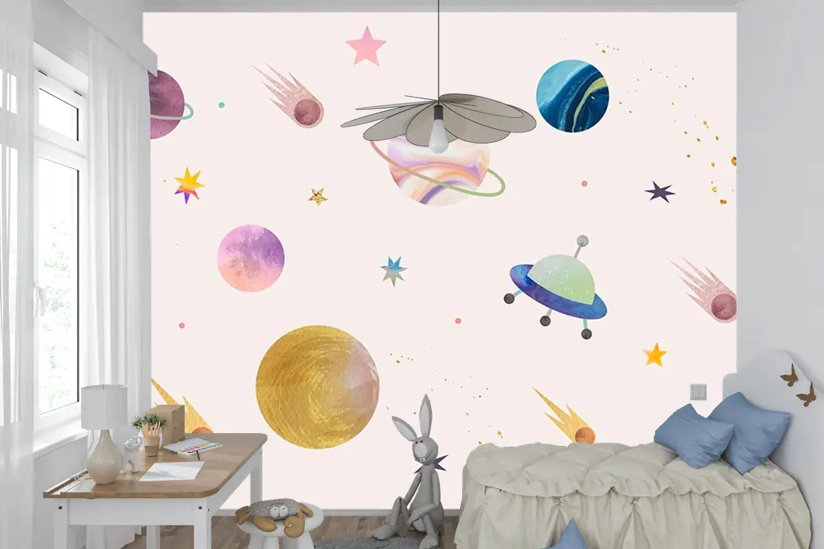 Pembe Zemin Üzerinde Gezegenler Çocuk Odası Duvar Kağıdı