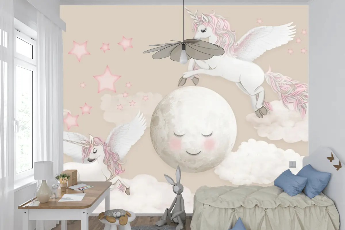 Peri At Ay Ve Bulutlar Çocuk Odası Duvar Kağıdı