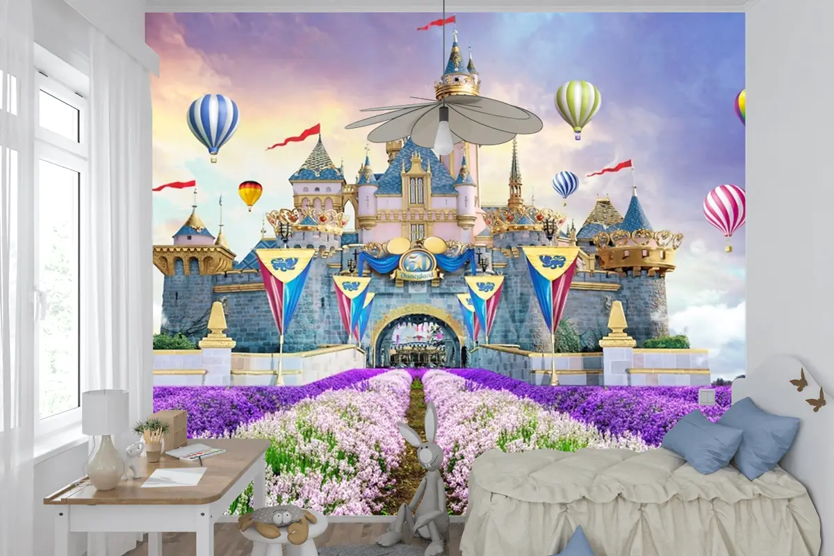 Peri Kalesi Manzara Çiçekler Sıcak Hava Balonları Çocuk Odası Duvar Kağıdı