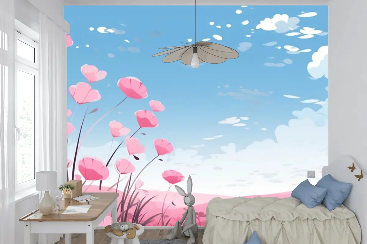 Gökyüzünde Çiçekler Ve Bulutlarla Pembe Kalpler Çocuk Odası Duvar Kağıdı