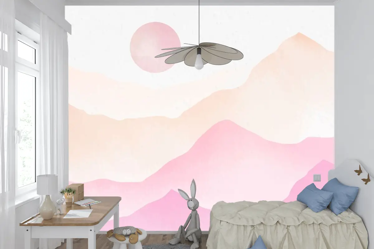 Pembe Suluboya Dağlar Arka Plan Çocuk Odası Duvar Kağıdı 