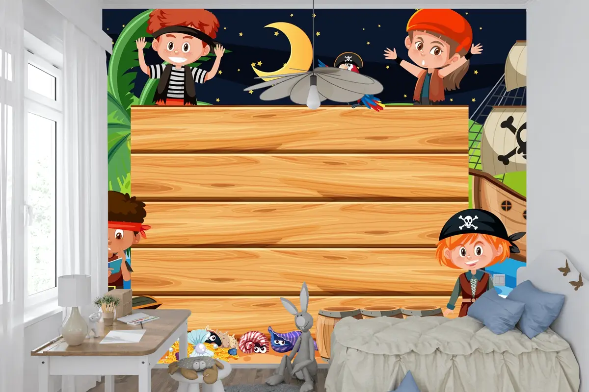 Boş Ahşap Çocuk Odası Duvar Kağıdı Yle Sahilde Gece Sahnesinde Korsan Çocuklar