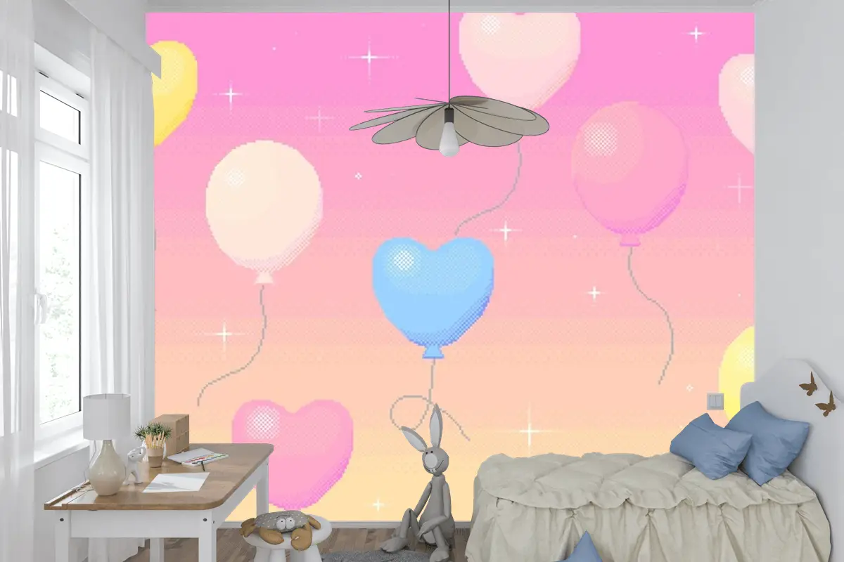 Rüya Gibi Gökyüzünde Uçan Balonların Piksel Sanat Arka Planı Çocuk Odası Duvar Kağıdı