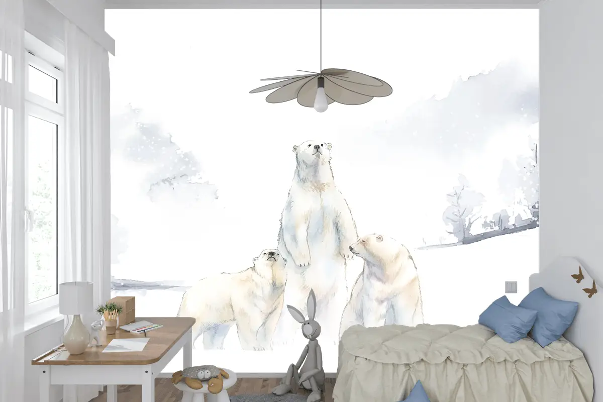 Karda Kutup Ayıları Suluboya Çocuk Odası Duvar Kağıdı 