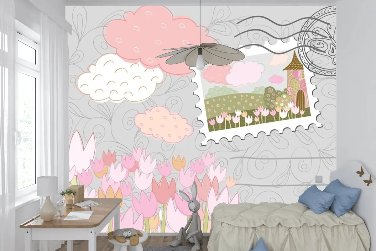 Damgalı Poster Desenli Dekoratif Şehir Çocuk Odası Duvar Kağıdı