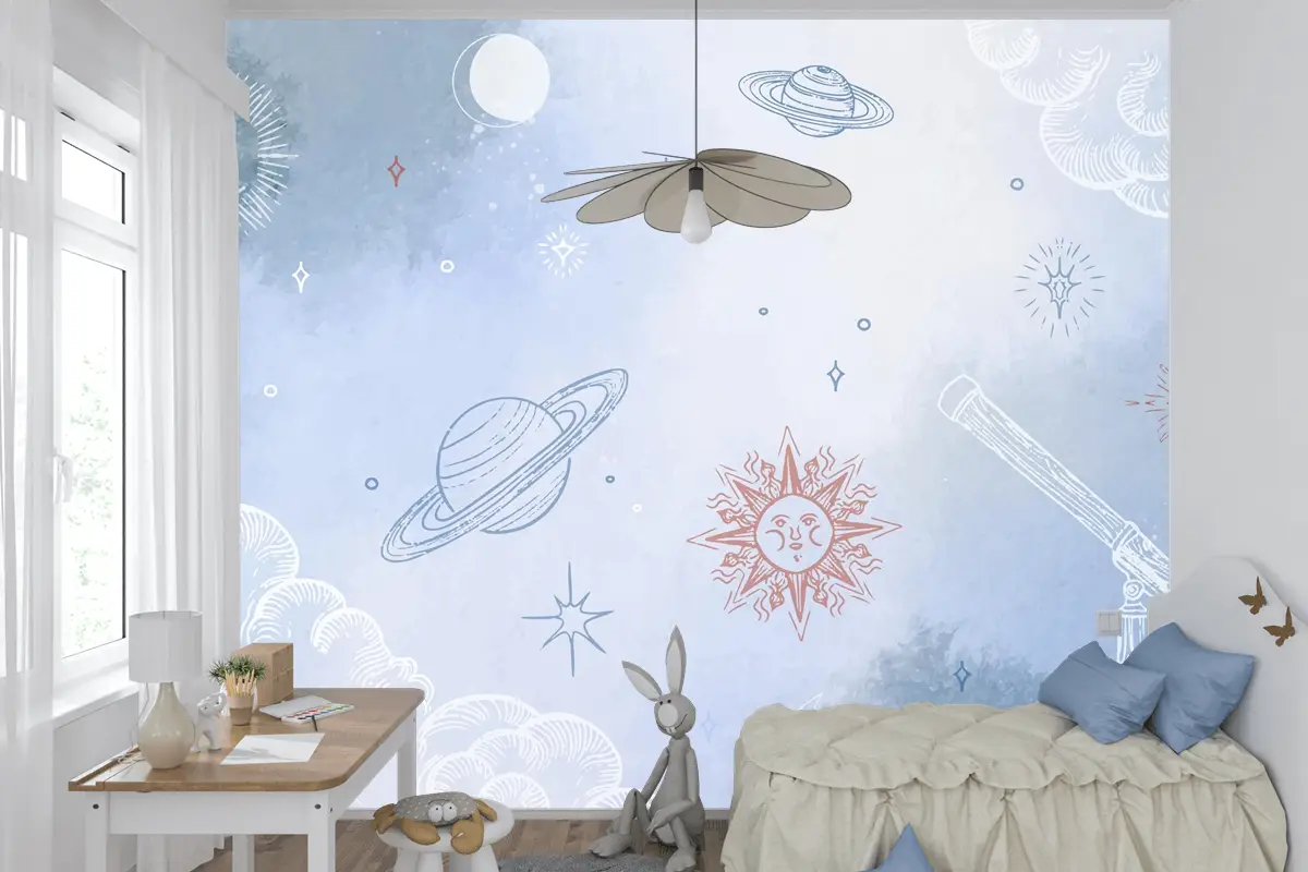 Elle Çizilmiş Öğelerle Toz Pastel Çocuk Odası Duvar Kağıdı