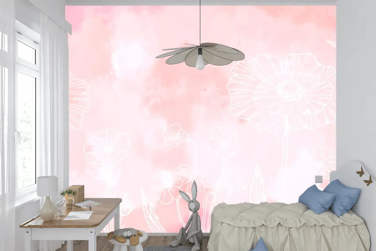 Elle Çizilmiş Öğelerle Toz Pastel Çocuk Odası Duvar Kağıdı