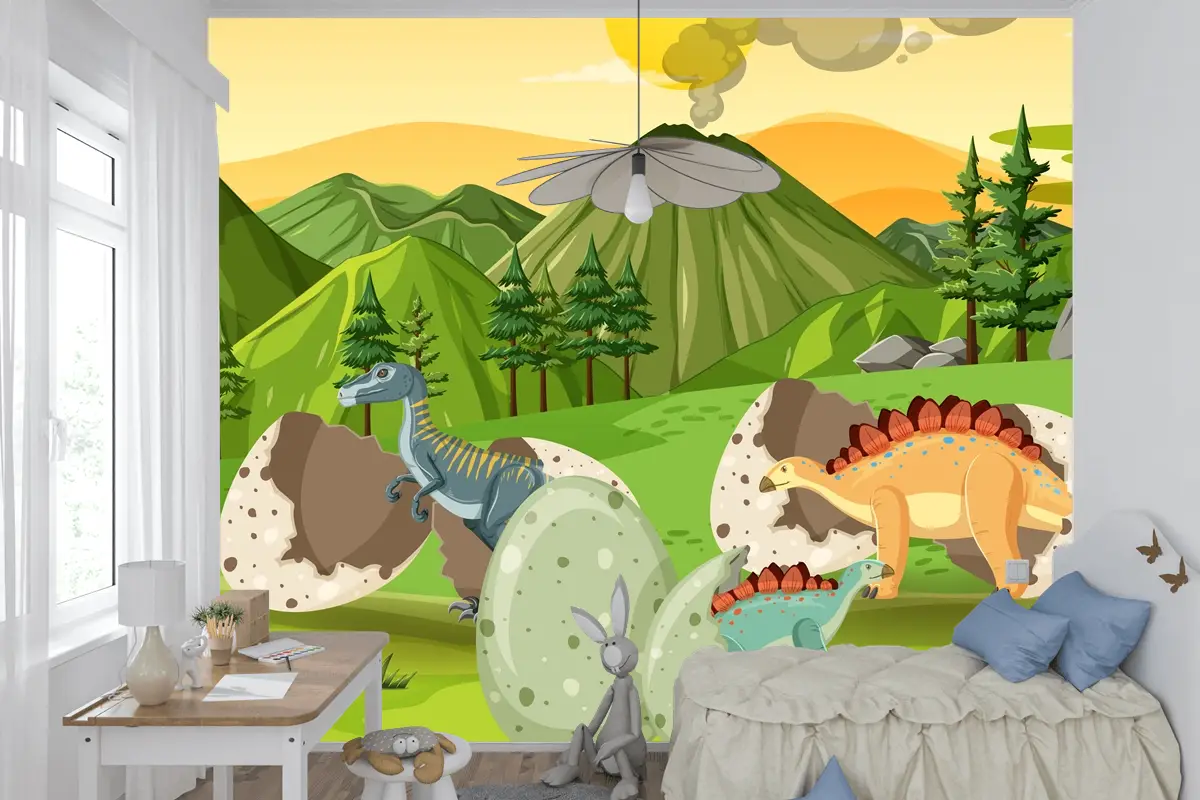 Dinozor Karikatür Çocuk Odası Duvar Kağıdı  Ile Tarih Öncesi Orman