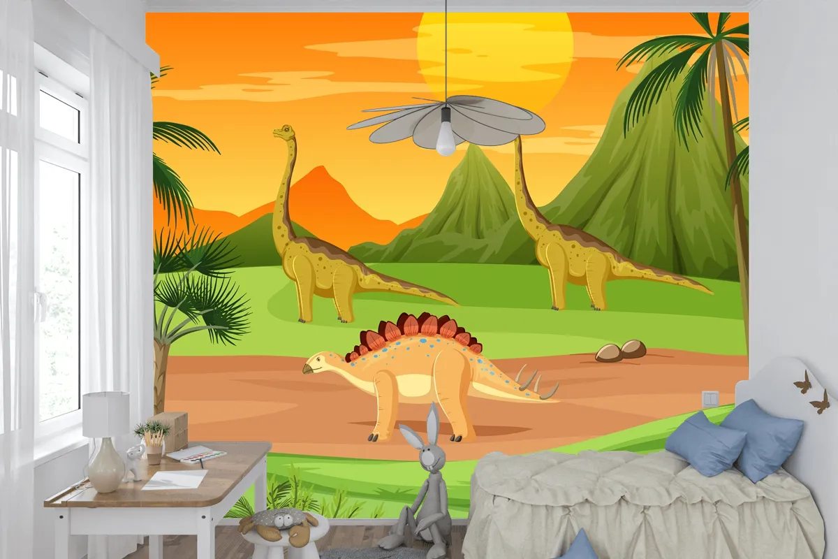 Dinozor Karikatür Çocuk Odası Duvar Kağıdı  Ile Tarih Öncesi Orman