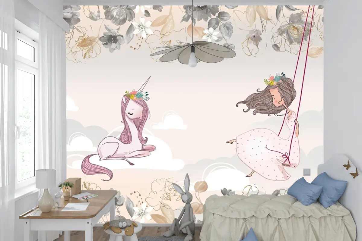 Prenses Ve Unicorn Çocuk Odası Duvar Kağıdı