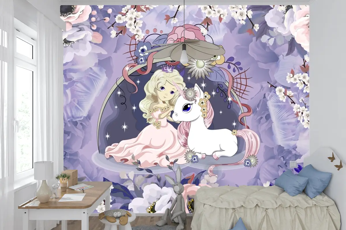 Prenses Ve Unicorn Şakayık Çocuk Odası Duvar Kağıdı