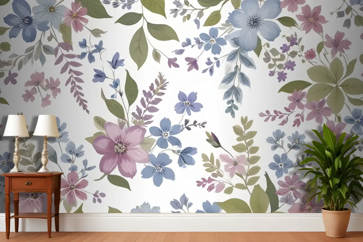 Mor Ve Mavi Suluboya Çiçek Antre  Hol  Koridor Duvar Kağıdı