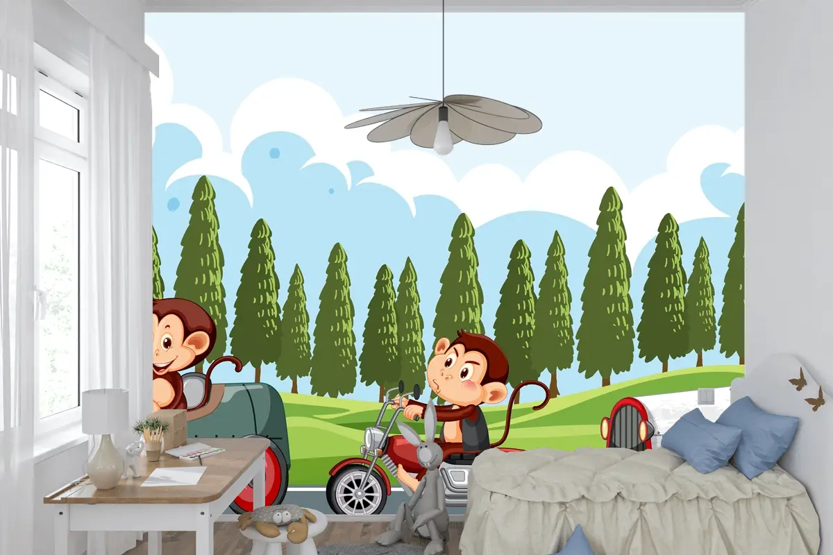 Maymun Yarış Sürücülerinin Bulunduğu Yarış Pisti Sahnesi Çocuk Odası Duvar Kağıdı
