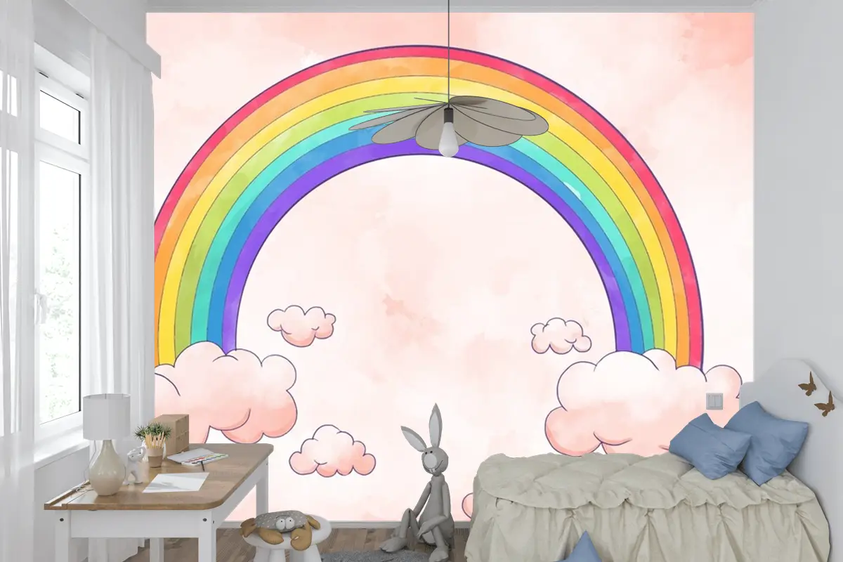 Gökkuşağı Bulutlu Suluboya Tarzı Çocuk Odası Duvar Kağıdı