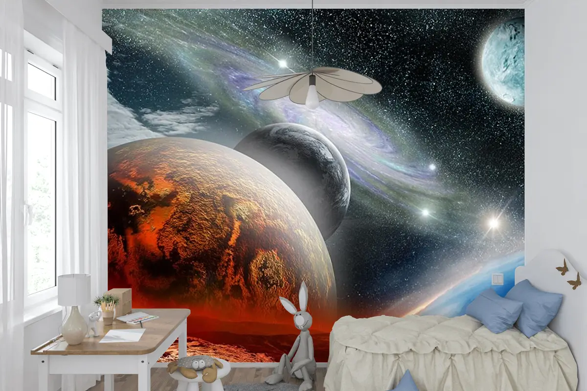 Renkli Galaksi Gezegenler Çocuk Genç Odası Çocuk Odası Duvar Kağıdı