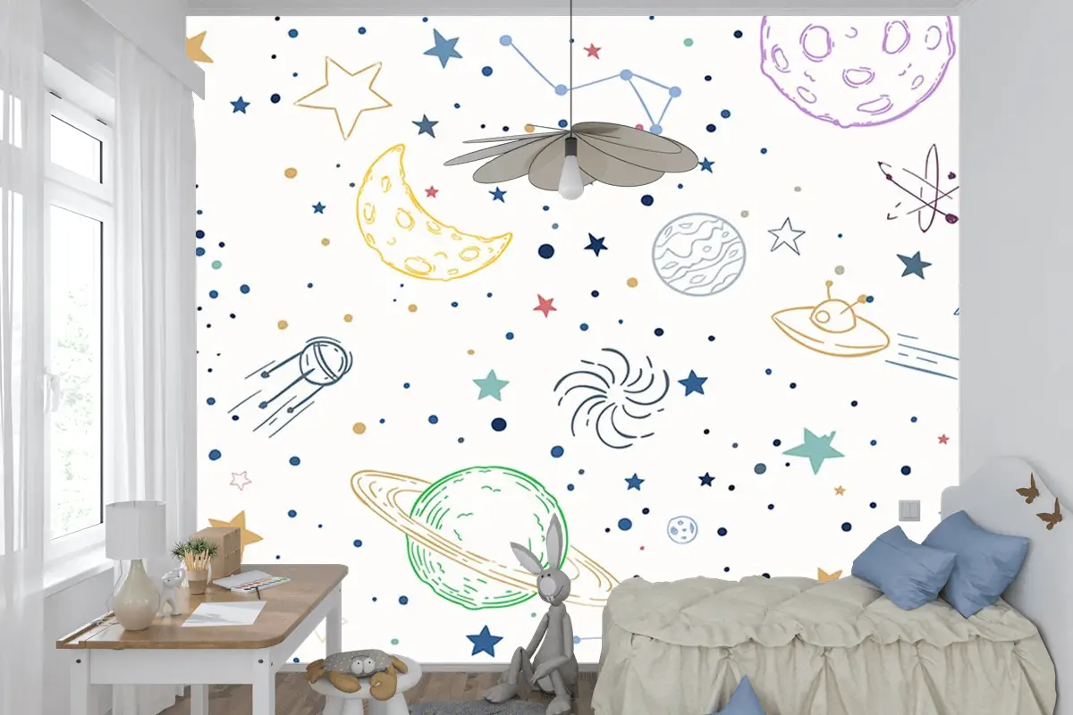 Renkli Gezegenler Uzay Temalı Çocuk Odası Duvar Kağıdı