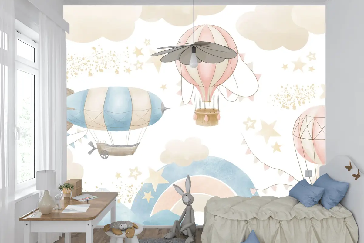 Renkli Gökyüzü ve Sıcak Hava Balonları Temalı Çocuk Odası Duvar Kağıdı