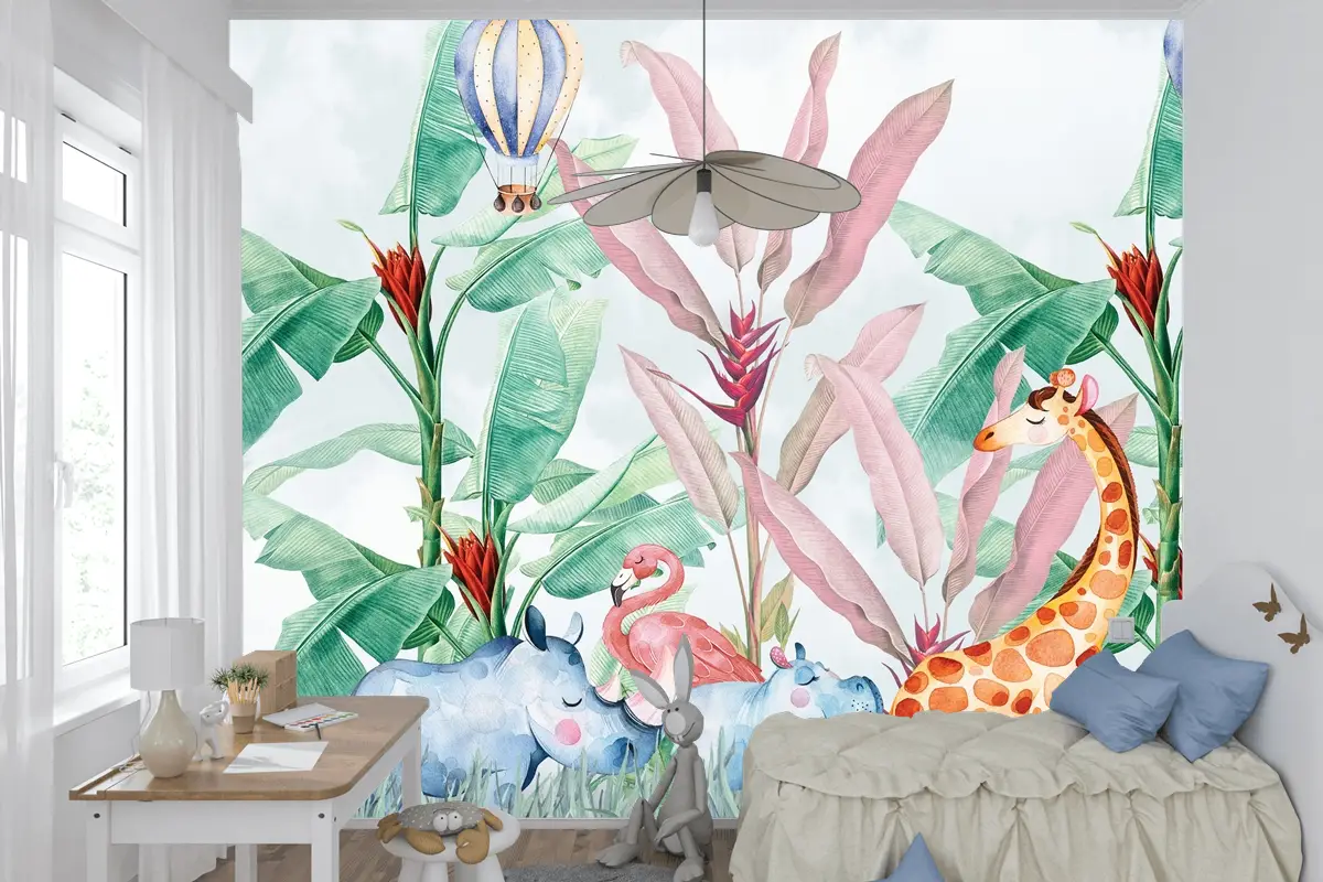 Renkli Hayvanlar ve Balonlu Macera Çocuk Odası Duvar Kağıdı