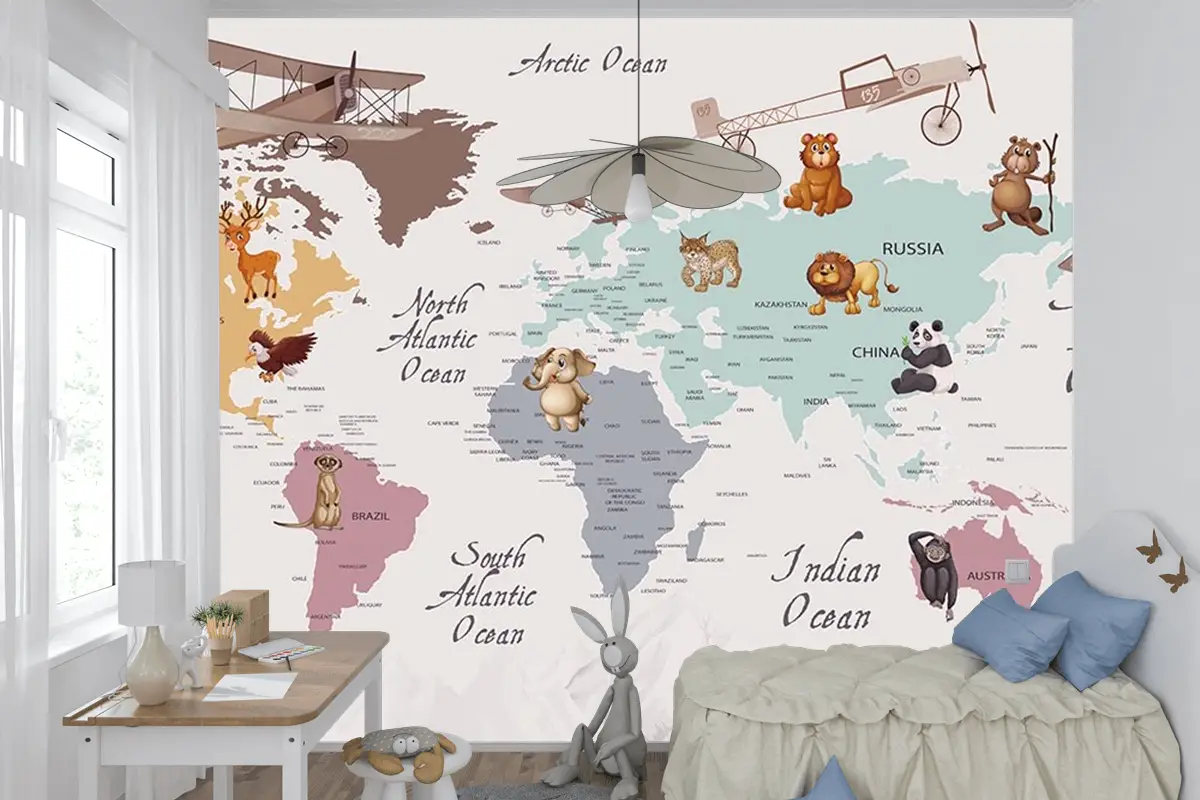 Renkli Kıtalar Öğretici Çocuk Odası Duvar Kağıdı