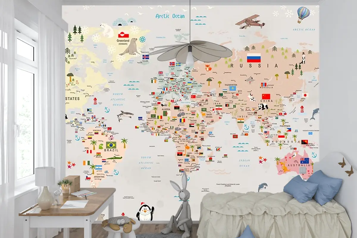 Renkli Kıtalar Ülke Isimleri Yazılı Çocuk Odası Dünya Haritası Çocuk Odası Duvar Kağıdı