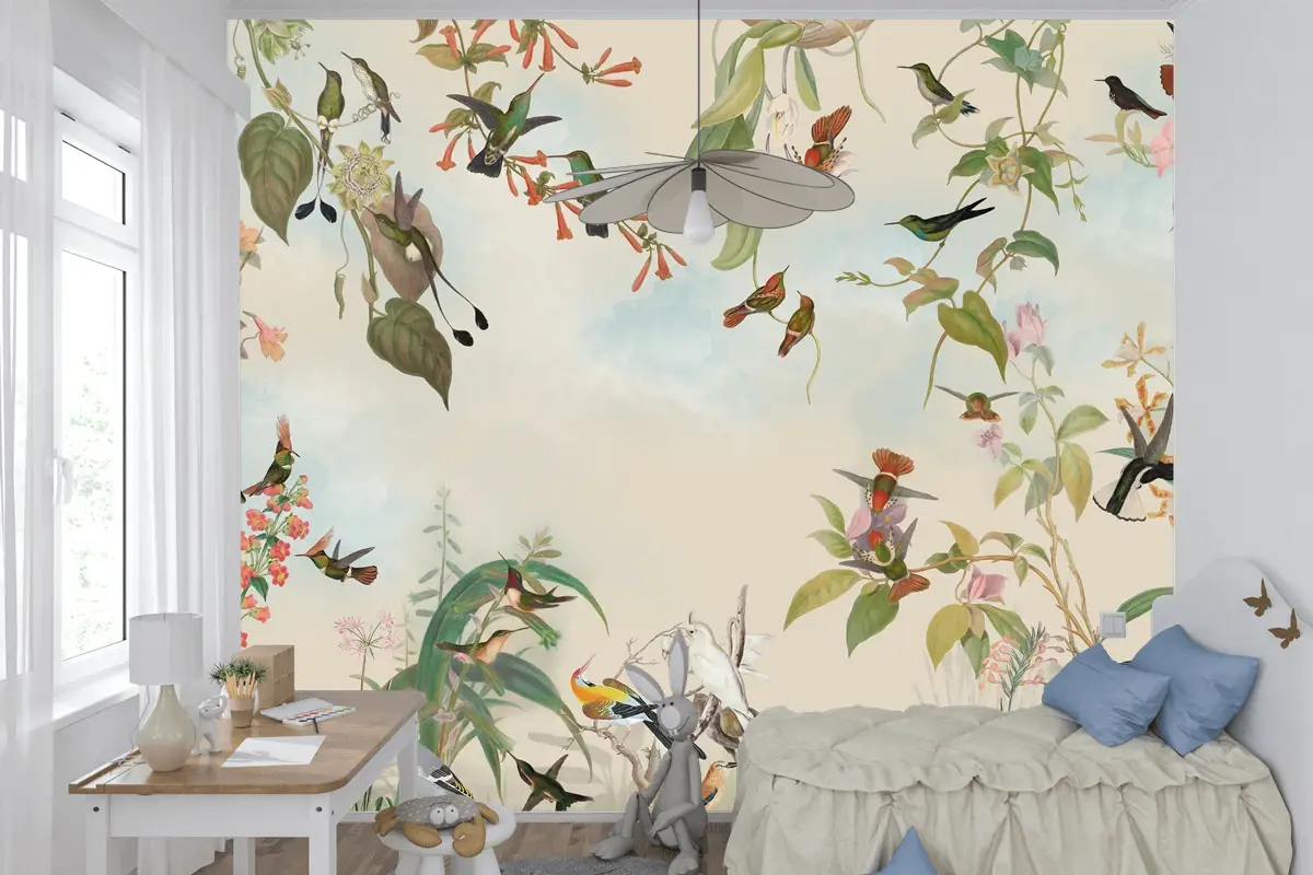 Renkli Kuşlar ve Çiçekli Tropikal Doğa Çocuk Odası Duvar Kağıdı