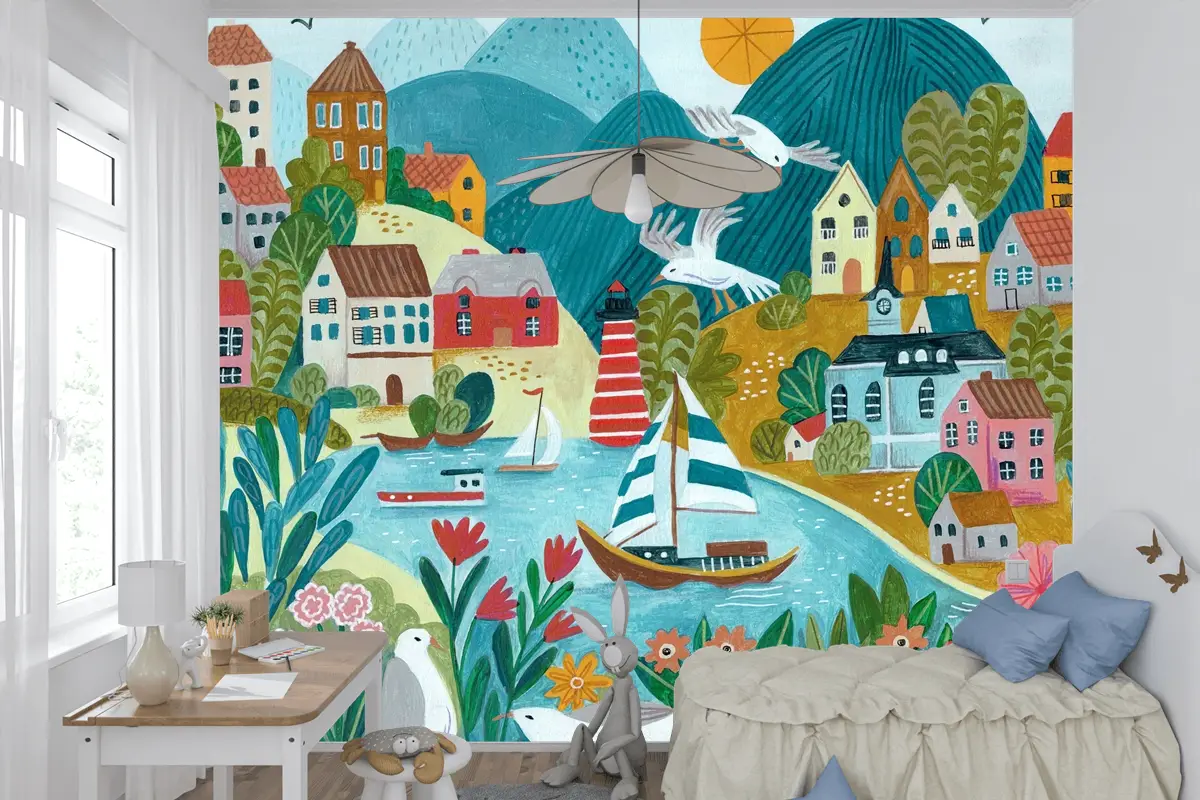 Renkli Sahil Kasabası Çiçek Göl Çocuk Odası Duvar Kağıdı