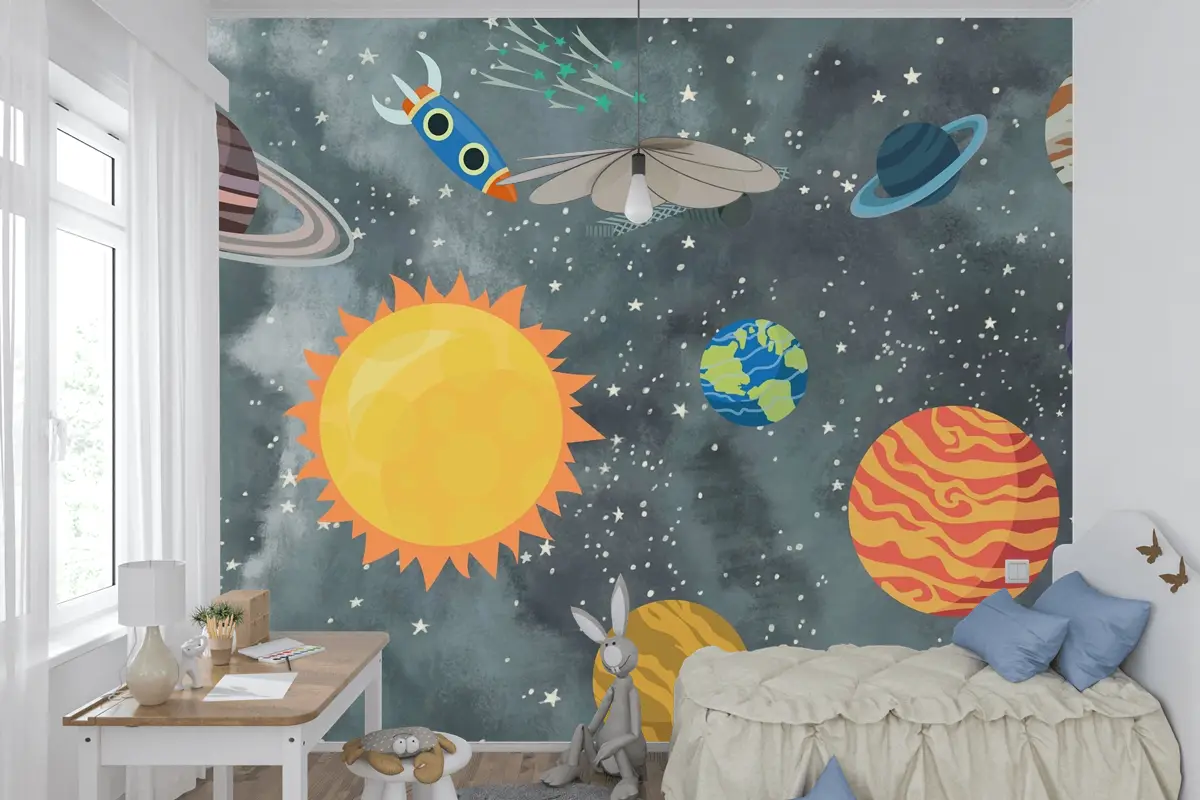 Renkli Uzay Sahnesi ve Roketler Temalı Çocuk Odası Duvar Kağıdı