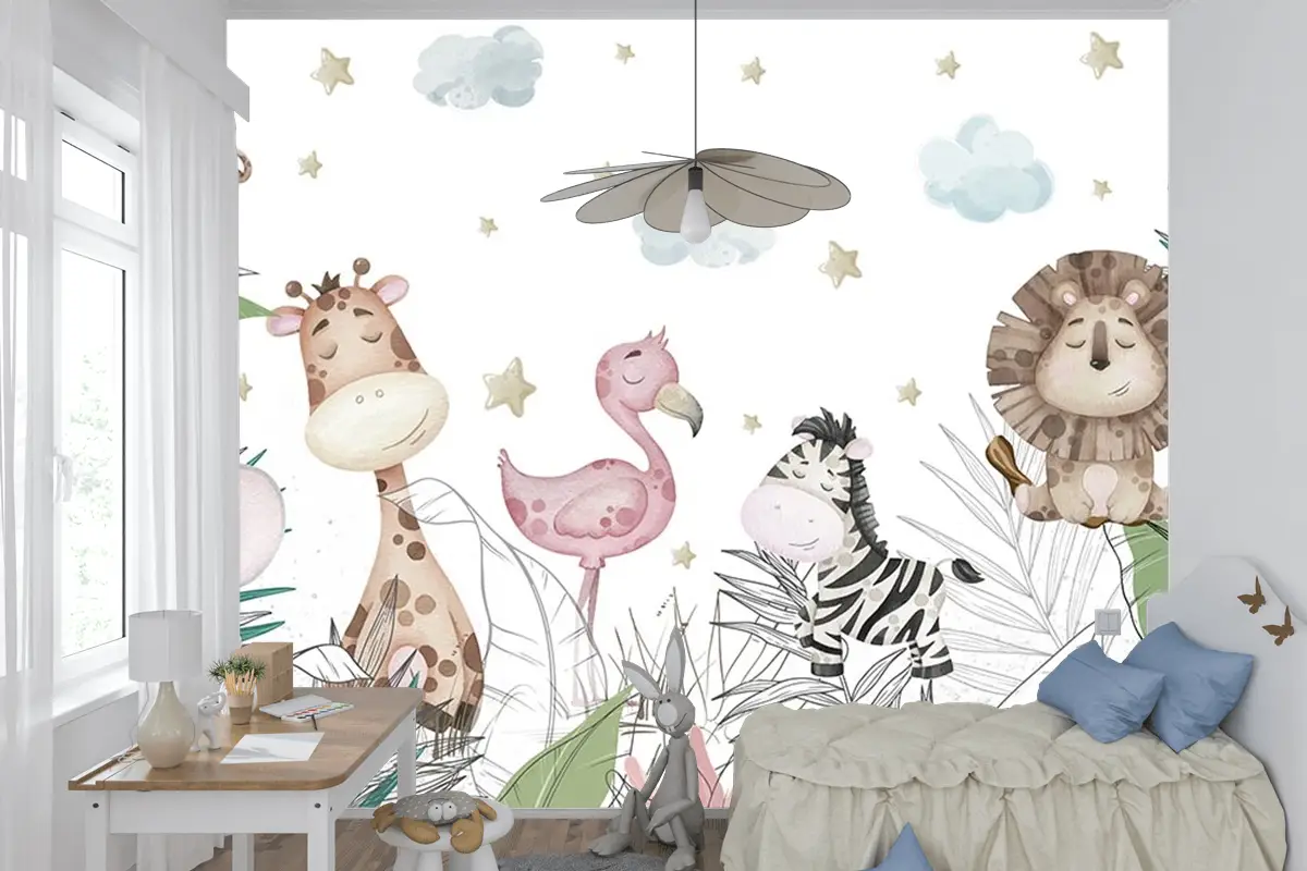 Renkli Yapraklar Sevimli Hayvanlar Çocuk Odası Duvar Kağıdı