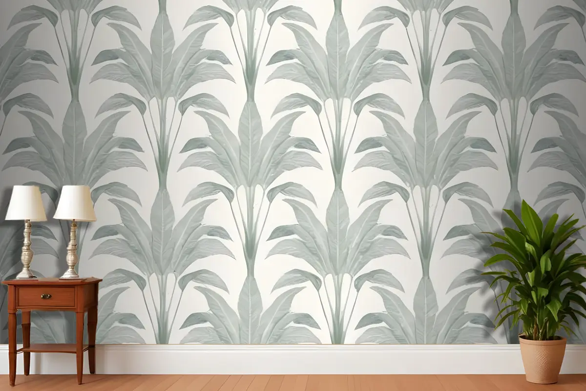 Açık Gri Antre  Hol  Koridor Duvar Kağıdı Duvarında Büyük Yeşil Palmiye Yapraklarının Veya Yapraklarının Tekrarlanan Deseni