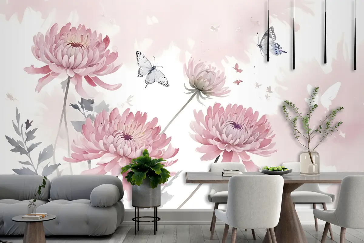 Retro Suluboya Pembe Karahindiba Çiçeği Sanat Duvar Kağıdı 