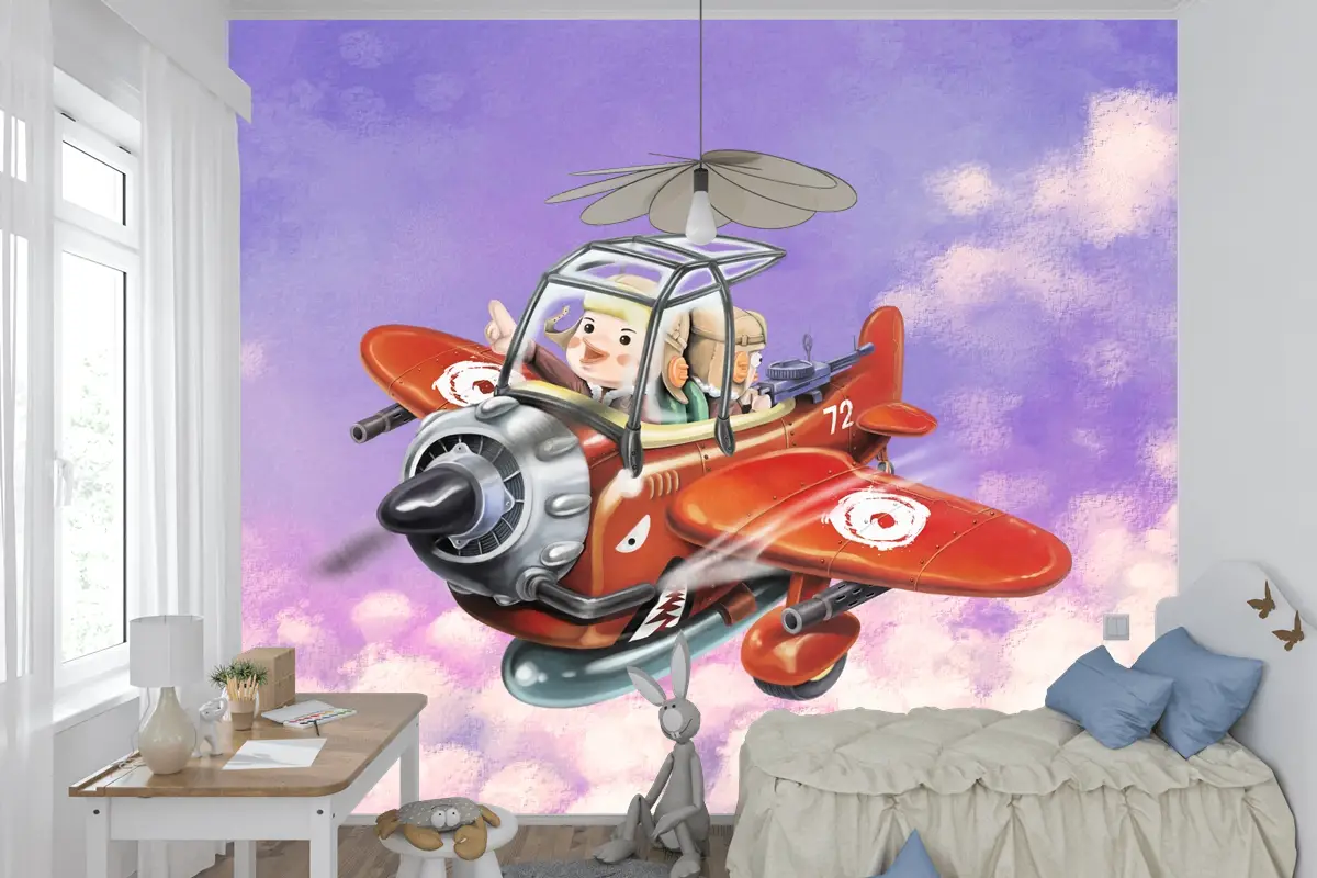 Kırmızı Uçağa Binmek Gökyüzünde Uçmak İki Havacı Çocuk Odası Duvar Kağıdı