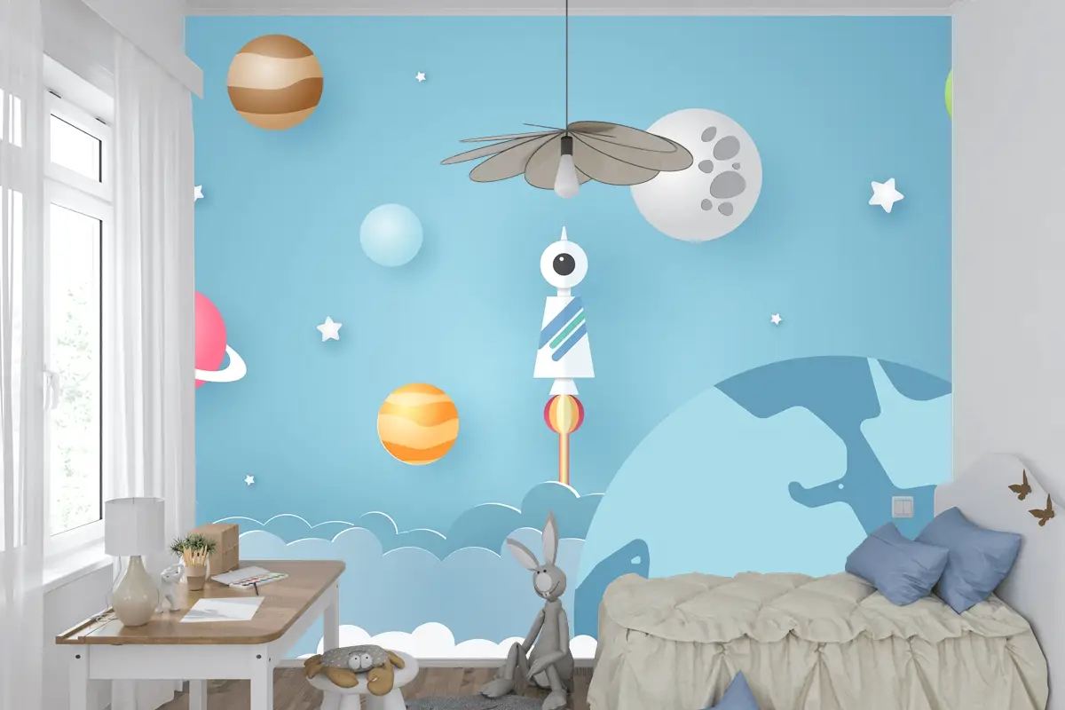 Roket Gezegenler Gibi Çeşitli Gök Nesneleriyle Çevrelenmiş Çocuk Odası Duvar Kağıdı