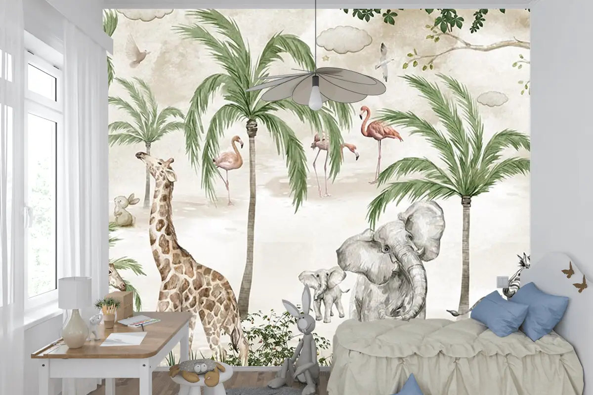 Safari Hayvanları Çocuk Odası Duvar Kağıdı Tropikal Safari Wallpaper