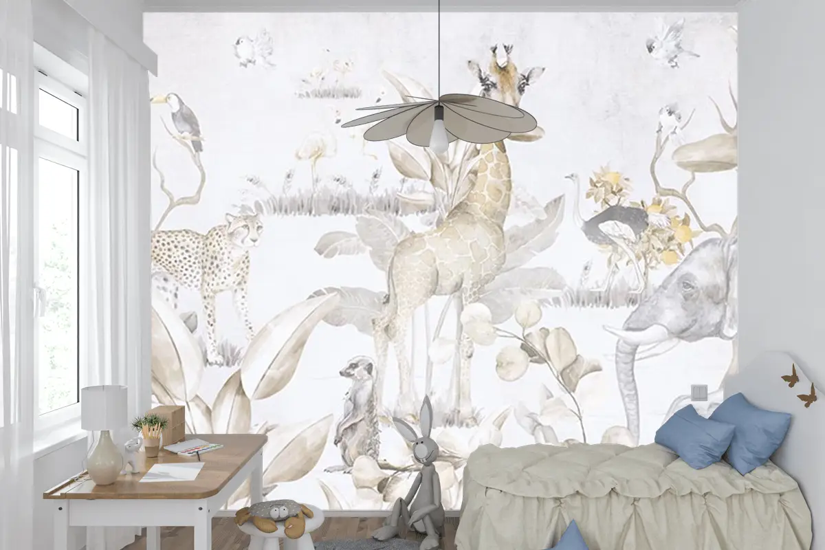 Safari Hayvanları Ve Ağaçlar Çocuk Odası Duvar Kağıdı