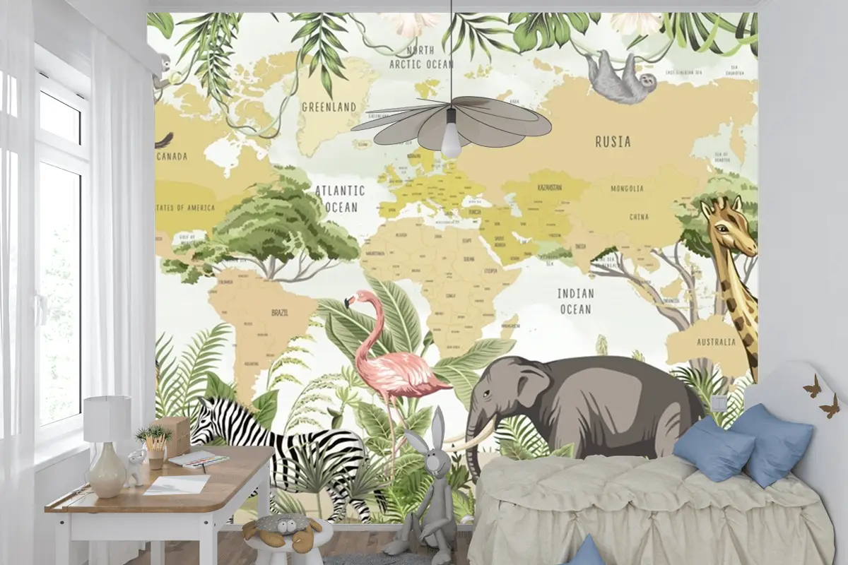 Safari Hayvanları Zürafa Zebra Aslan Flamingo Çocuk Odası Duvar Kağıdı