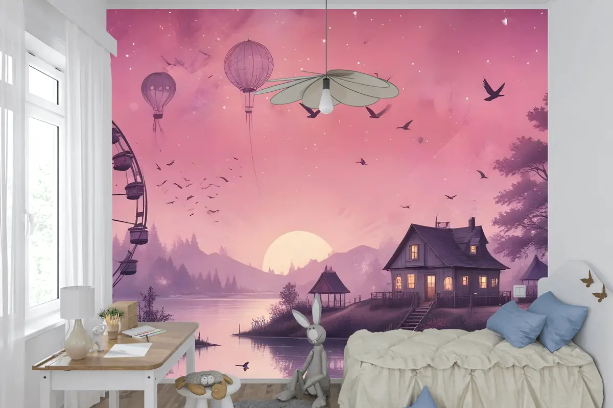 Dönme Dolap Ile Deniz Manzarası Çocuk Odası Duvar Kağıdı