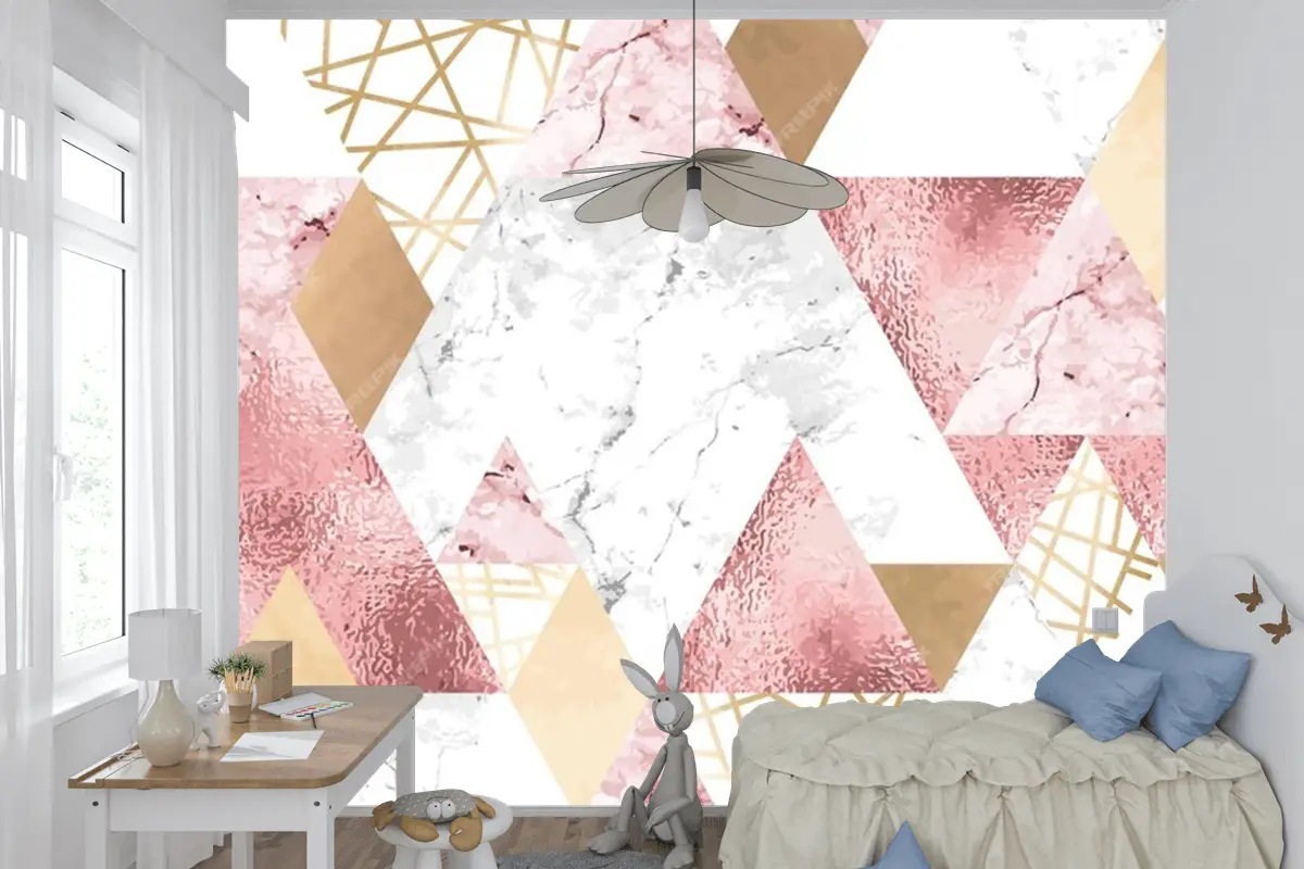 Metalik Çizgilerle Kesintisiz Geometrik Desen Gül Altın Gri Ve Pembe Mermer Üçgenler Çocuk Odası Duvar Kağıdı