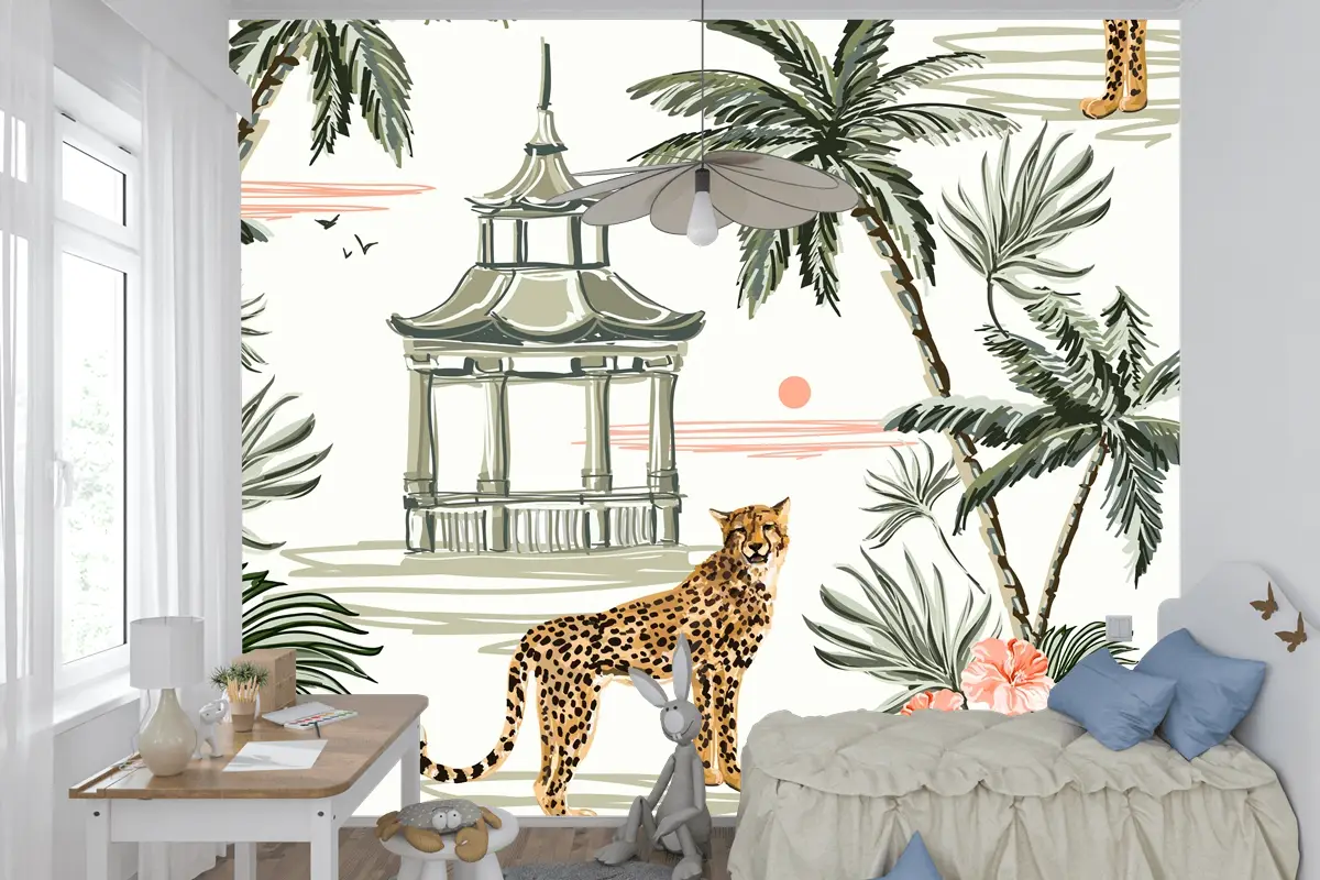 Hindistan Cevizi Palmiye Ağaçları Leopar Çocuk Odası Duvar Kağıdı Ile Dikişsiz Desen Arka Plan