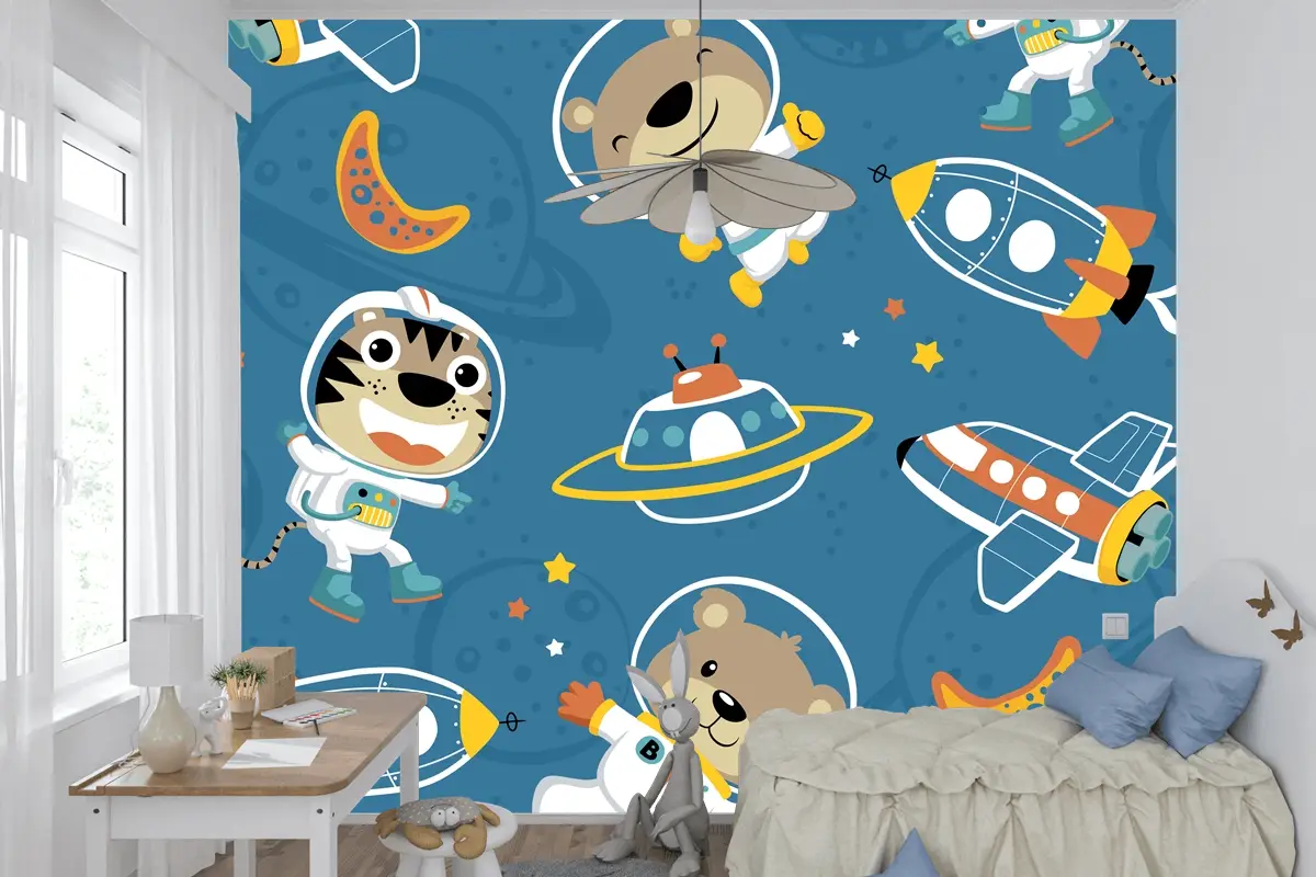 Uzay Taşımacılığındaki Komik Astronotun Kusursuz Deseni Çocuk Odası Duvar Kağıdı