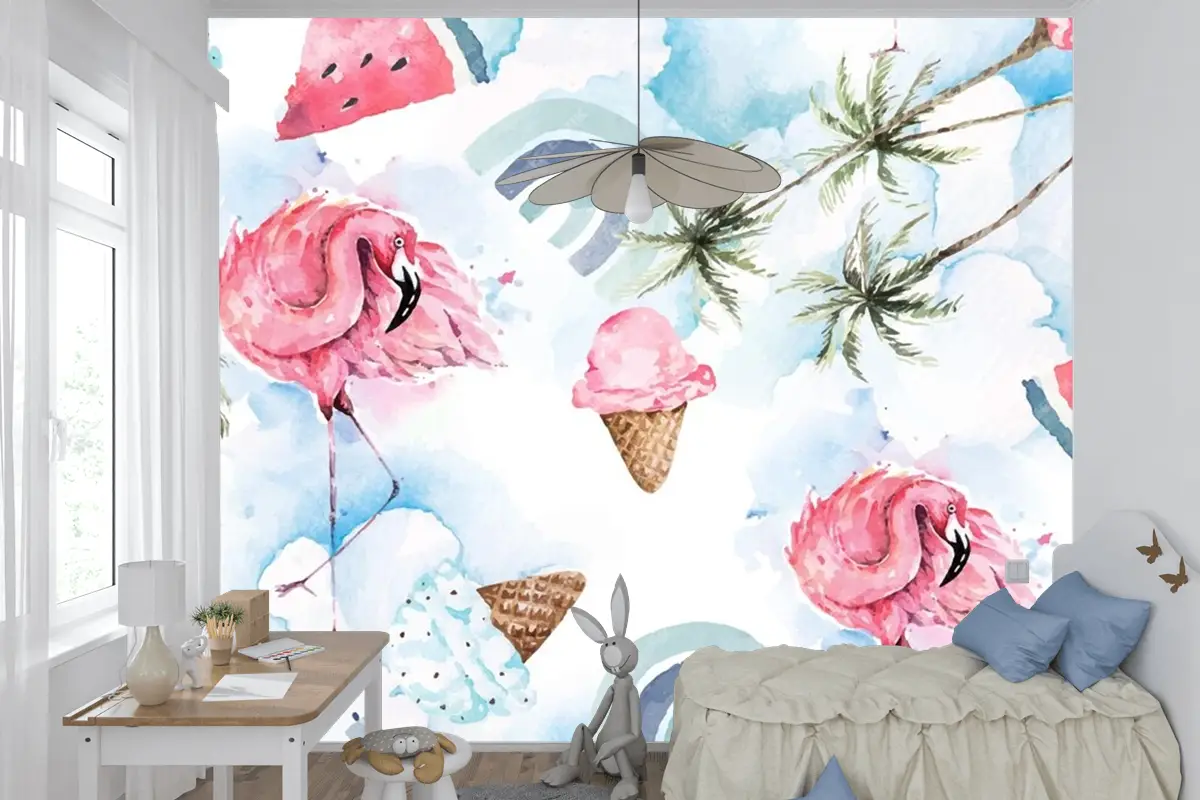 Dikişsiz Desen Palmiye Ağacı Ve Flamingo Çocuk Odası Duvar Kağıdı