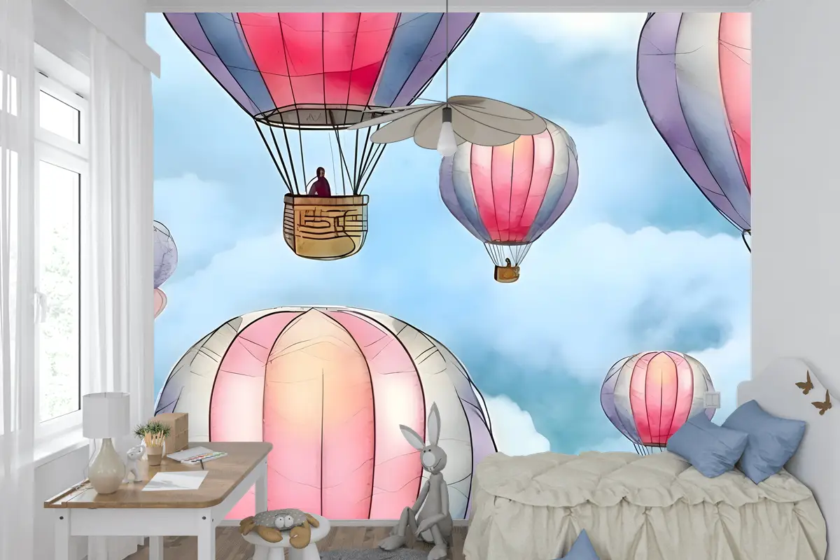 Gökyüzünde Renkli Sıcak Hava Balonları Ile Kusursuz Desen Çocuk Odası Duvar Kağıdı