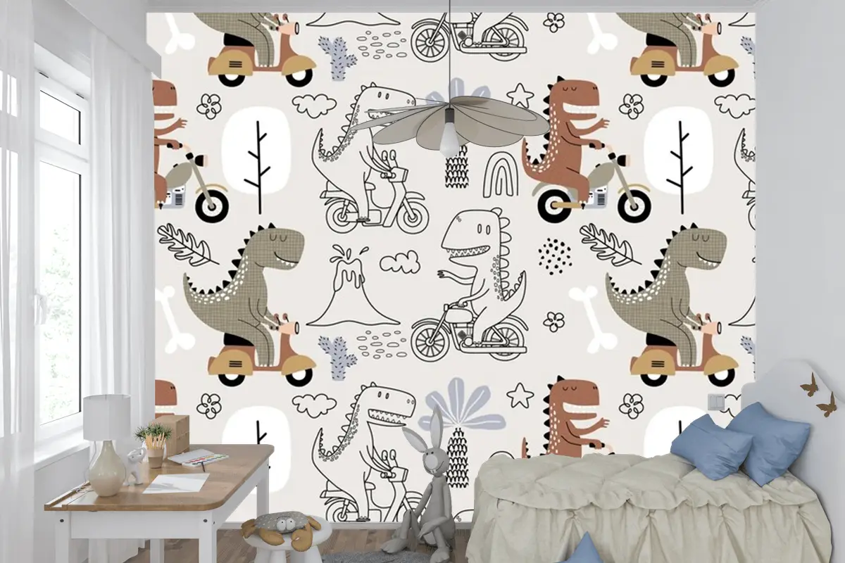 Sevimli Dinozorun Motosiklete Bindiği Kusursuz Desen Çocuk Odası Duvar Kağıdı