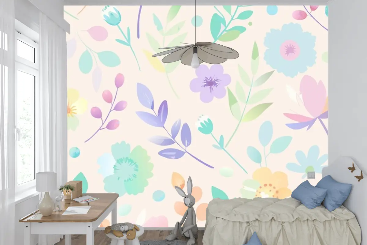 Pastel Renklerde Çiçekler Ve Yapraklarla Kusursuz Desen Çocuk Odası Duvar Kağıdı