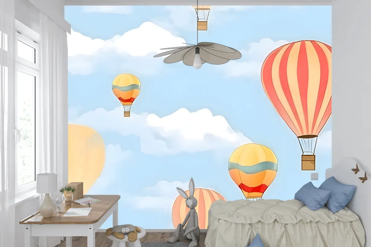 Gökyüzünde Sıcak Hava Balonları Ile Dikişsiz Desen Çocuk Odası Duvar Kağıdı