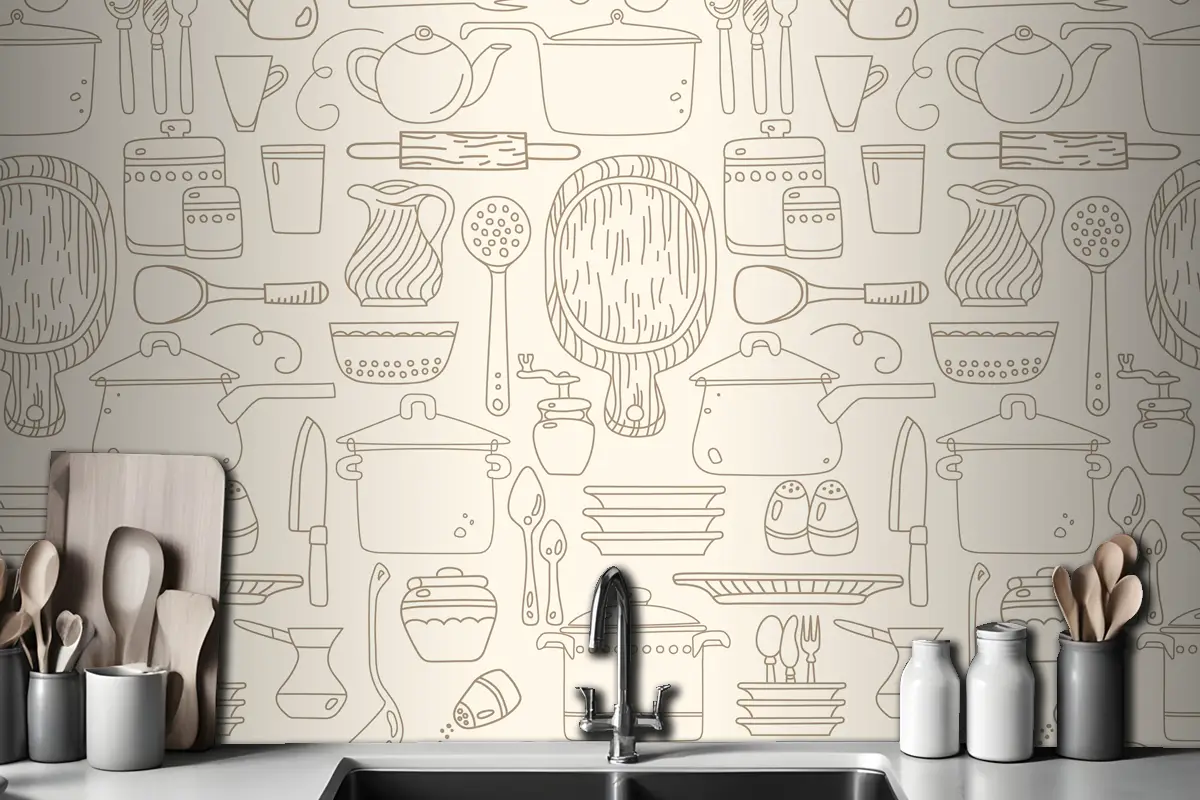 Bej Duvar Kağıdı Duvarında Mutfak Gereçleri Ile Kusursuz Desen