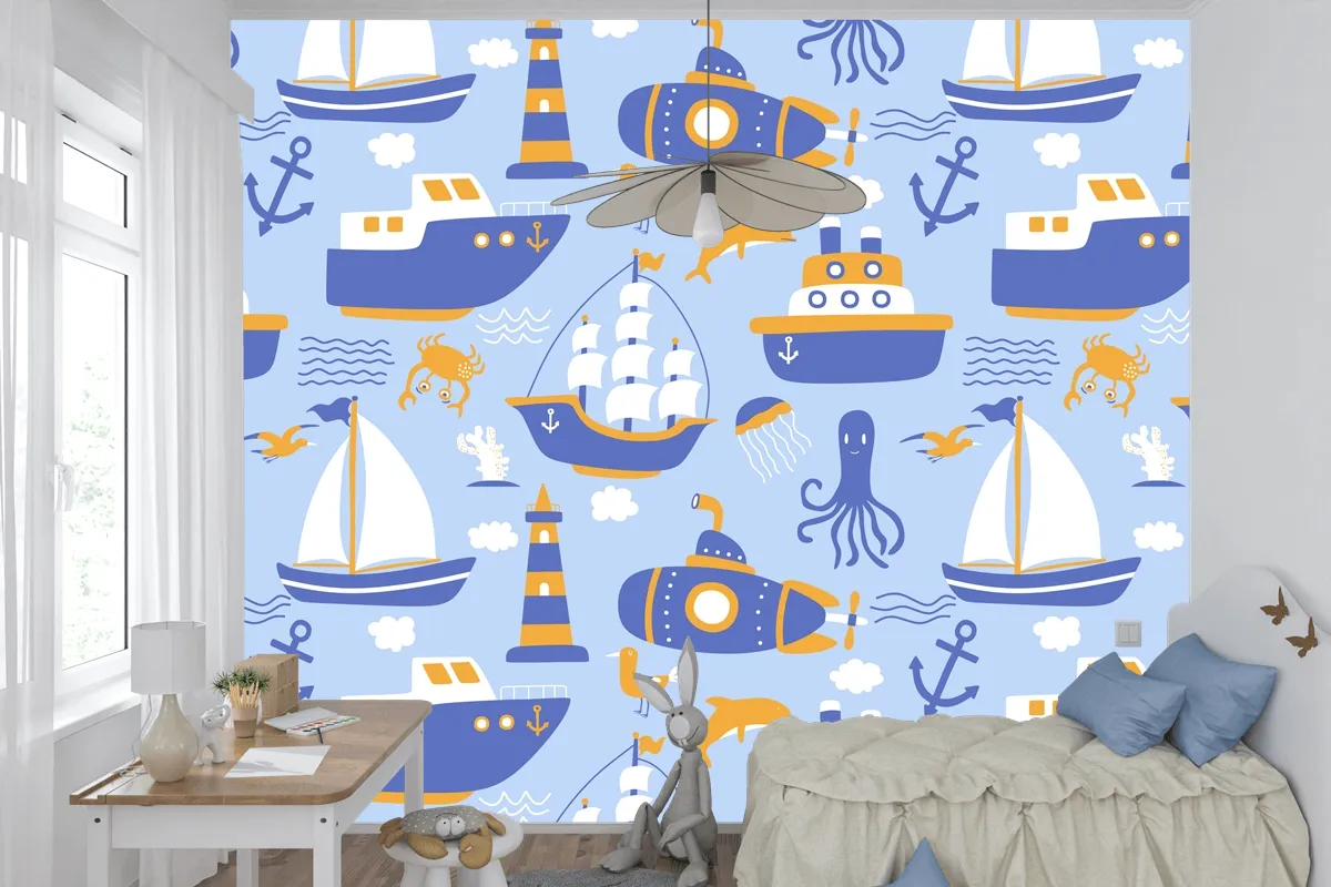 Gemiler Ile Seamless Modeli Çocuk Odası Duvar Kağıdı