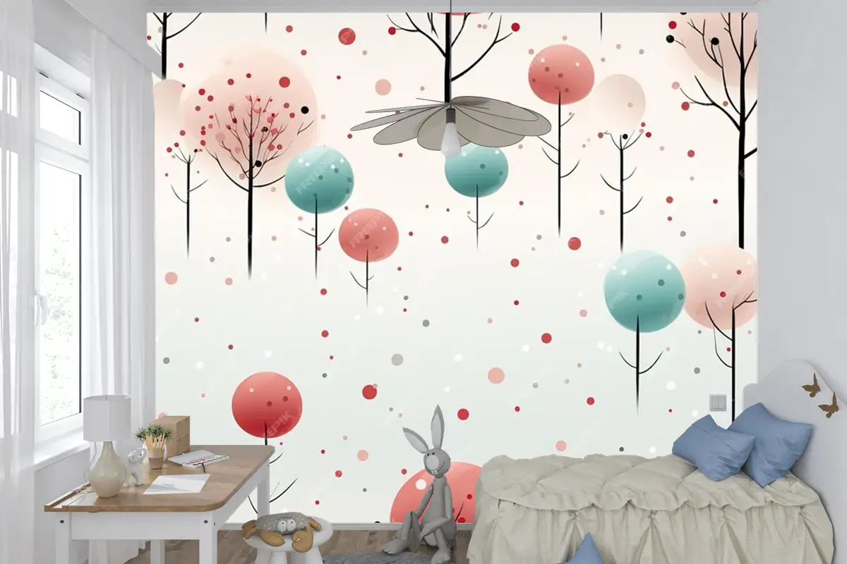 Ladin Ve Noel Ağaçları, Ay Yıldızları Ve Tilki Ile Kusursuz Desen Stilize Edilmiş Ve Grafik Çocuk Odası Duvar Kağıdı